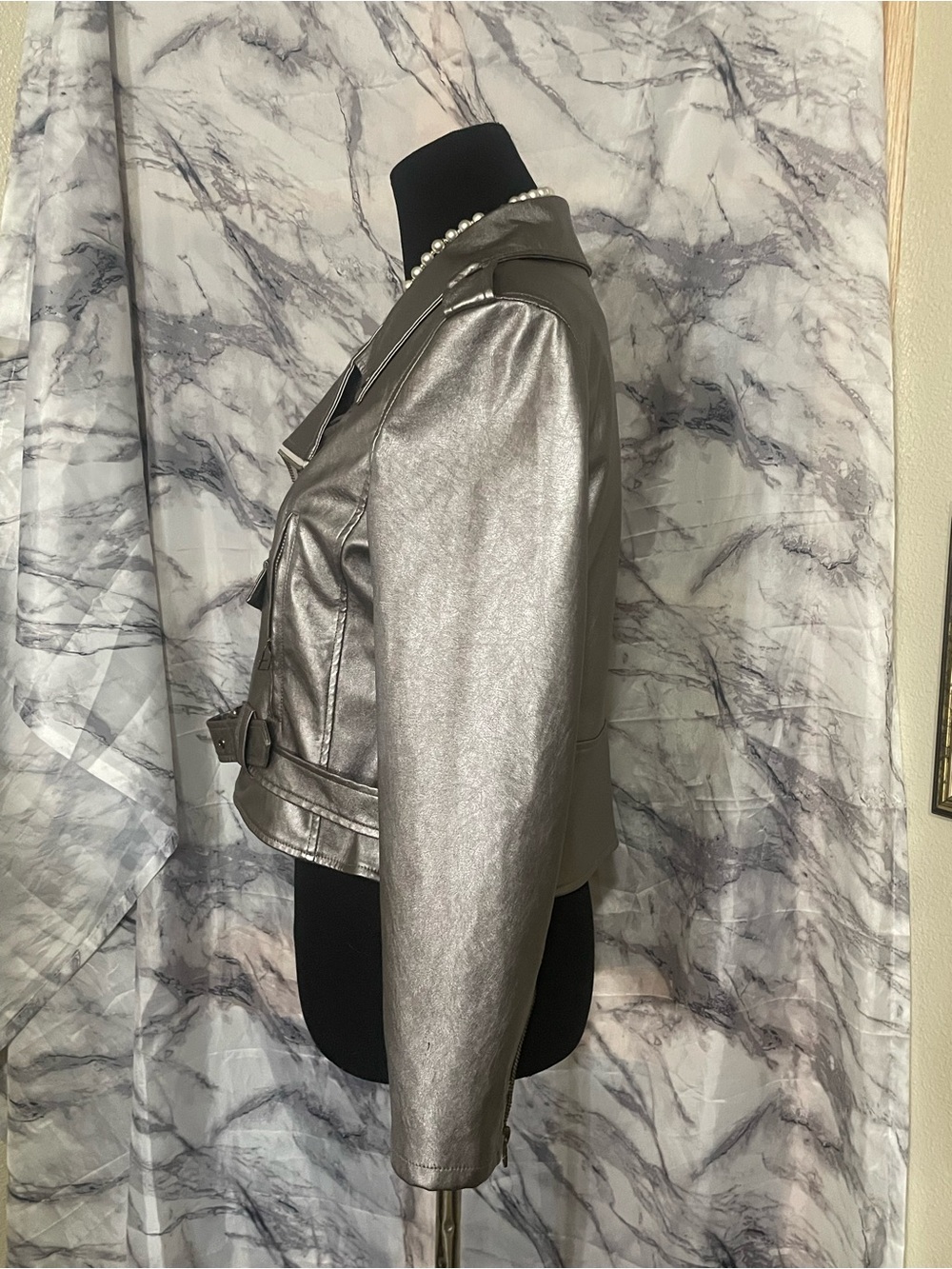 HAODUOYI Metallic Silver Moto Leather Jacket - Picture 3 of 8